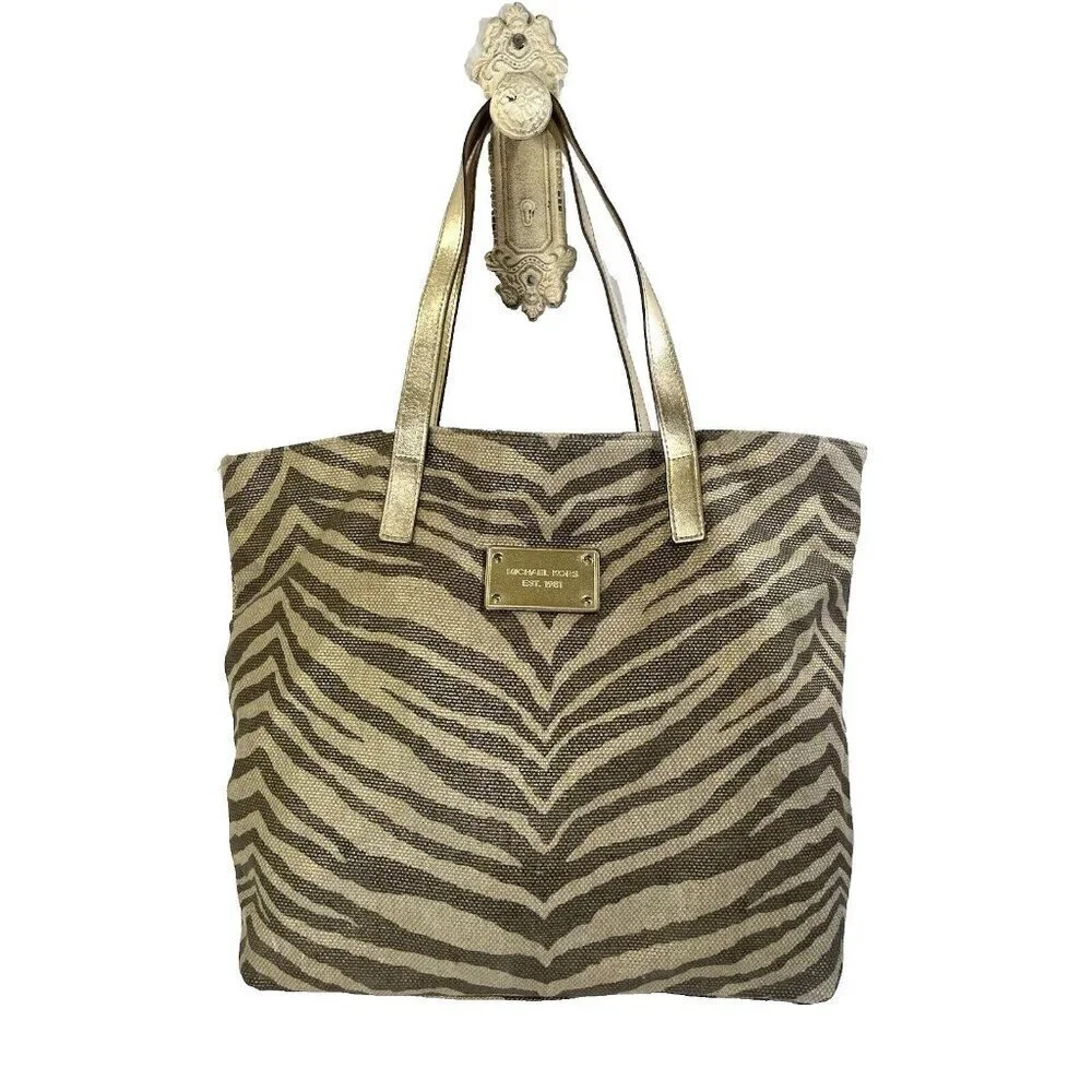 Michael Kors canvas gold fabric Zibra print Tote Bag